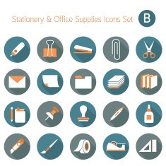 Office Supplies and Stationery Objects Flat Icons Set B