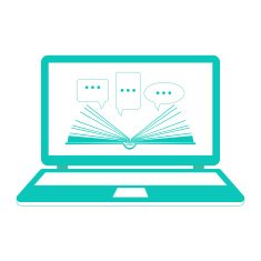 Open book paper with speech clouds on the laptop