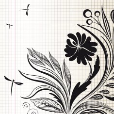 Floral patterns and dragonflies on the page of copybook