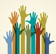 Group of colored raised hands