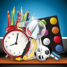 Modern school background with supplies on shelf