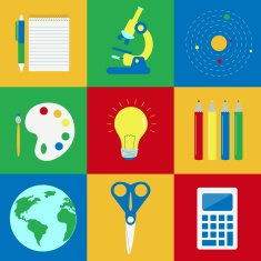 Nine colorful objects related to education
