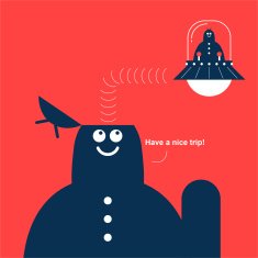 Small man flying UFO from large man's opened head