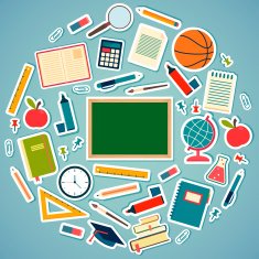 School tools and supplies on a blue background