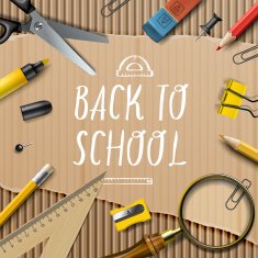 Welcome Back to school template with schools supplies on cardboard N2
