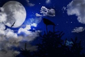 fairytale landscape of the moon and birds in the night sky