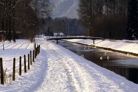 panorama of the bridge over the canal in winter