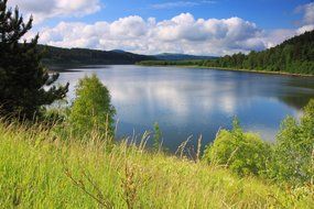 Calm blue lake with forested coast