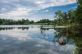 mirror image of trees and clouds in a lake