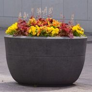 large concrete pot with different flowers on the street