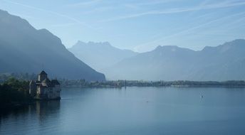 scenic view of Chateau de Chillon, medieval castle on geneva lake at morning, switzerland