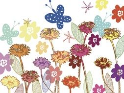 beautiful pattern of colorful butterflies, dragonflies and flowers