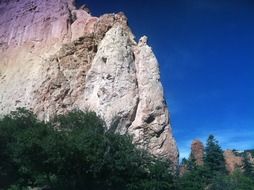 green trees at the foot of the cliff