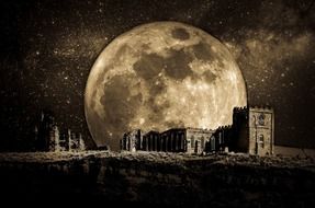 Beautiful drawing of the landscape with buildings and moon clipart