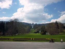 distant view of kassel castle in a mountain park