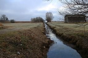 ditch with water and earth in frost