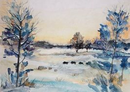 watercolor drawing of a winter landscape