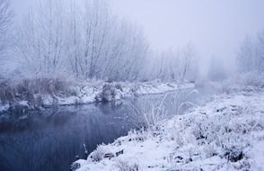 grass and river covered with snow