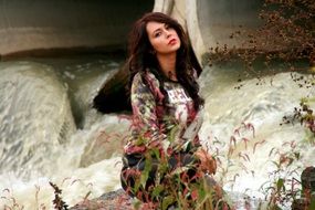 girl near water cascada portrait