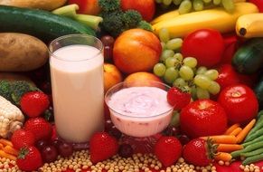 still life with yogurt, vegetables and fruits