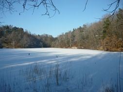 panorama of a lake in the ice in winter