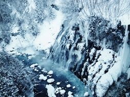 panorama of the waterfall among the snowy landscape in Hokkaido