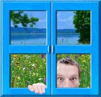 a young man looks out the window