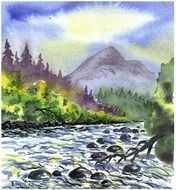 drawing watercolor landscape of a mountain river