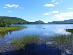 beautiful blue lake on a background of hills on a sunny day