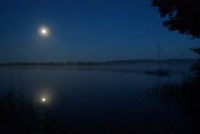 Boat under the moon on the river in Poland