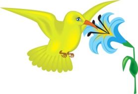 painted yellow hummingbird near a blue flower
