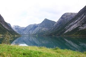 landscape of blue water in a lake by the mountains in jostedalsbreen national park