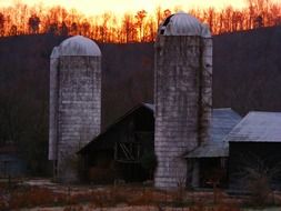 photo of a barn and two towers on a farm in the background of a mountain in Kentucky