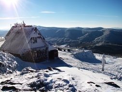 wooden hut in the snowy swiss mountains