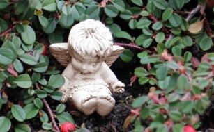 sculpture of a little angel in a green plant