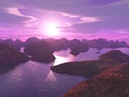 purple sunset over the ocean and mountains