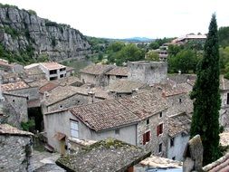 Landscape of beautiful ArdÃ¨che old village with plants in France