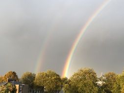 double rainbow after the rain over the trees