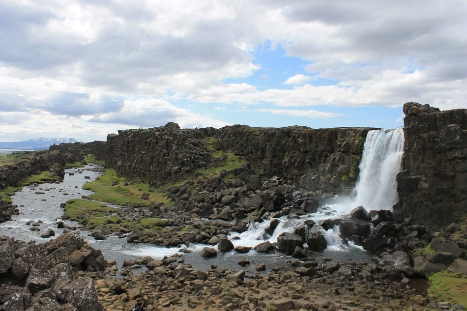 waterfall among big stones in iceland