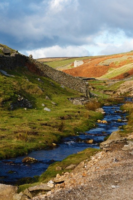 landscape of water Stream among green hills