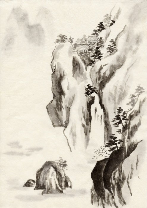 national chinese image of foggy mountains