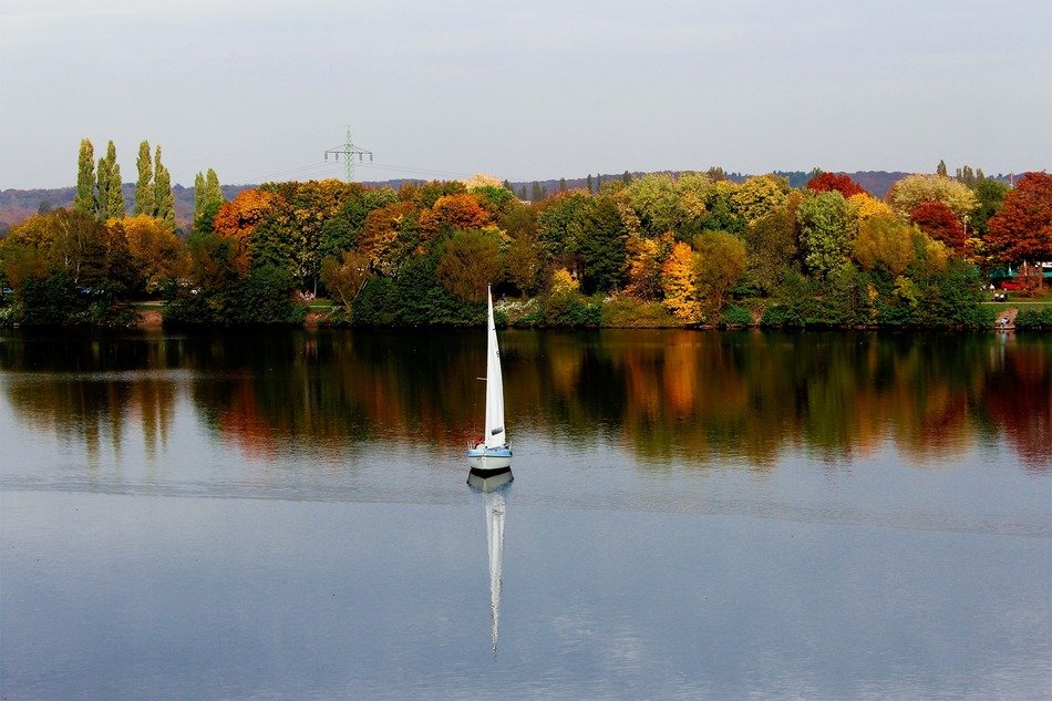 panoramic view of a boat with a white sail on the lake in autumn