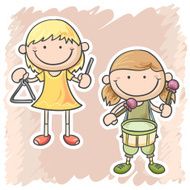 Two little girls are playing music equipment N2