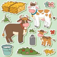 Color set of farm animals and objects vector family cow N2