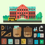 School building vector illustration with education icons N2