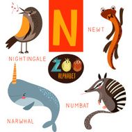 Cute zoo alphabet in vector N letter Funny cartoon animals N2