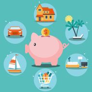 Piggy bank with cons Saving and investing money vector concept