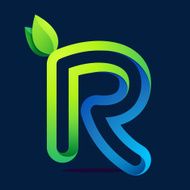 R letter with green leaves and water waves