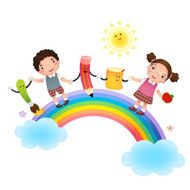 Back to school School kids over rainbow N2