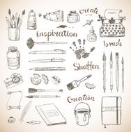 Sketches of artist's and writer's tools hand drawn with ink N2